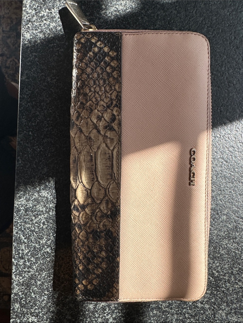 COACH Blush and Black Two-Tone Zip Wallet with Python Texture